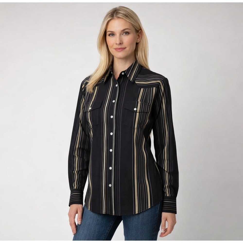 Roper Western Pearl Snap Structured ClassicBlouse Black Gold Rodeo Luxe SZ Large